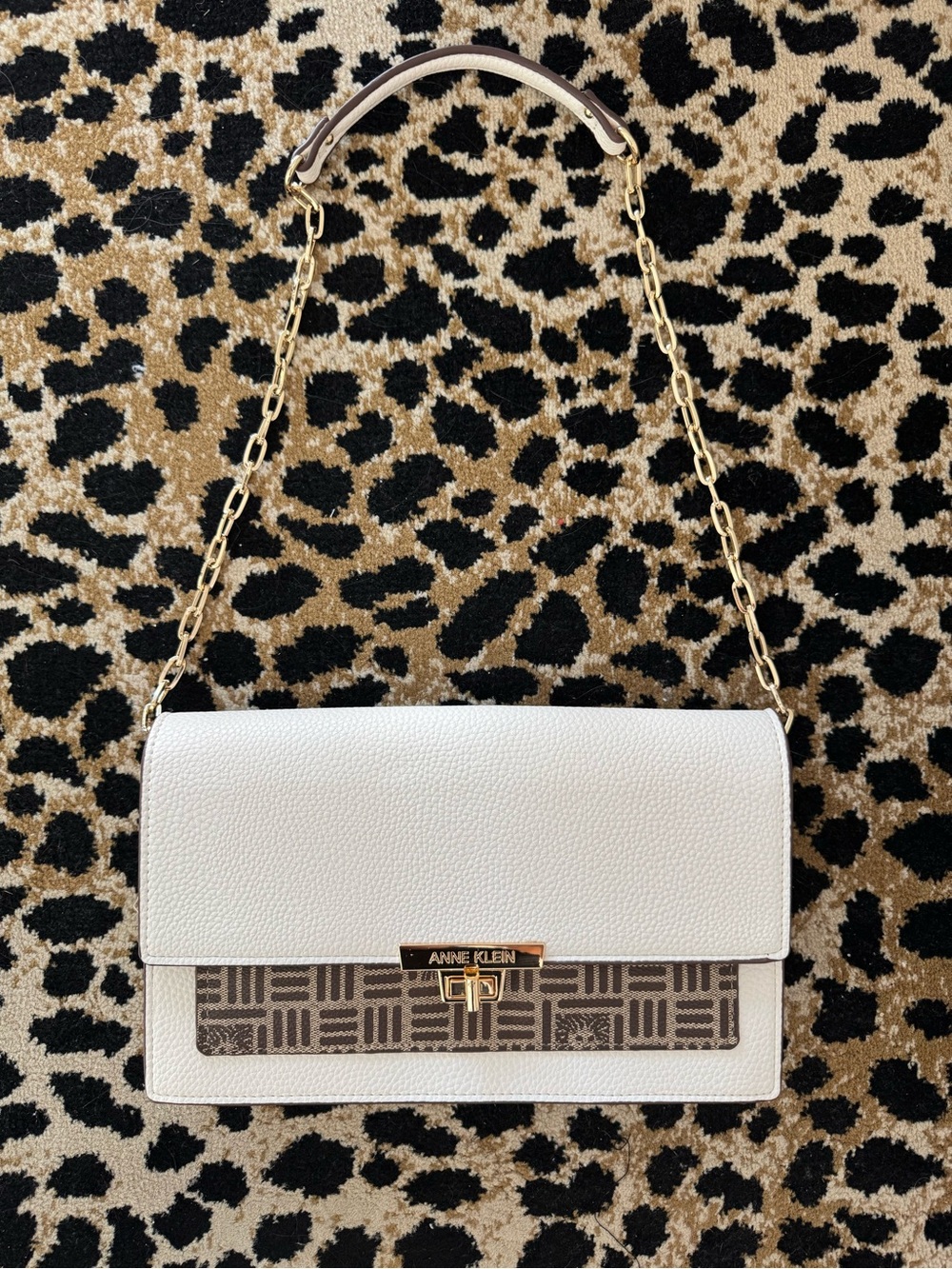 Anne Klein White and Brown Patterned Chain Shoulder Bag